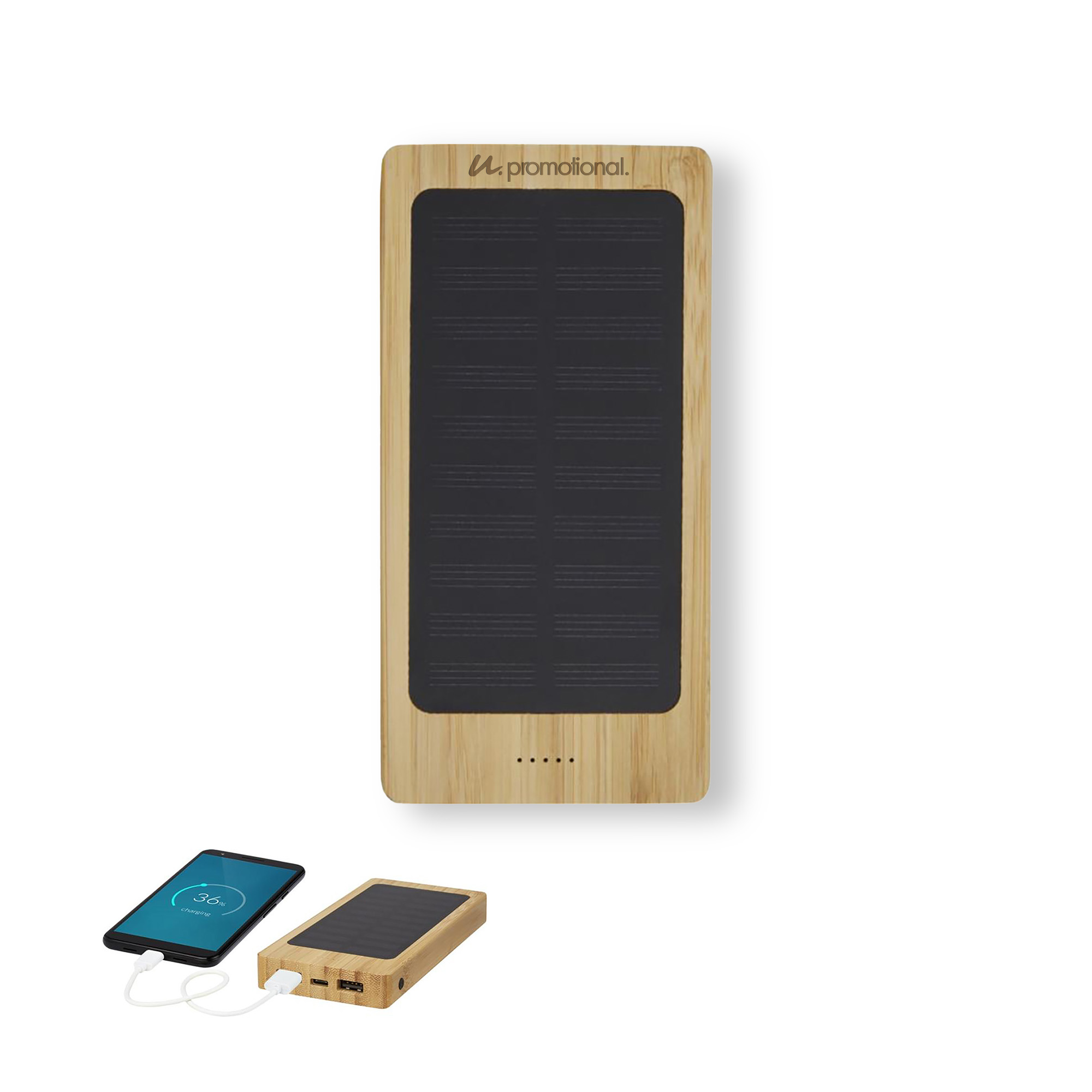 Batterie externe en bambou | Énergie solaire | 8000 mAh | Gravure