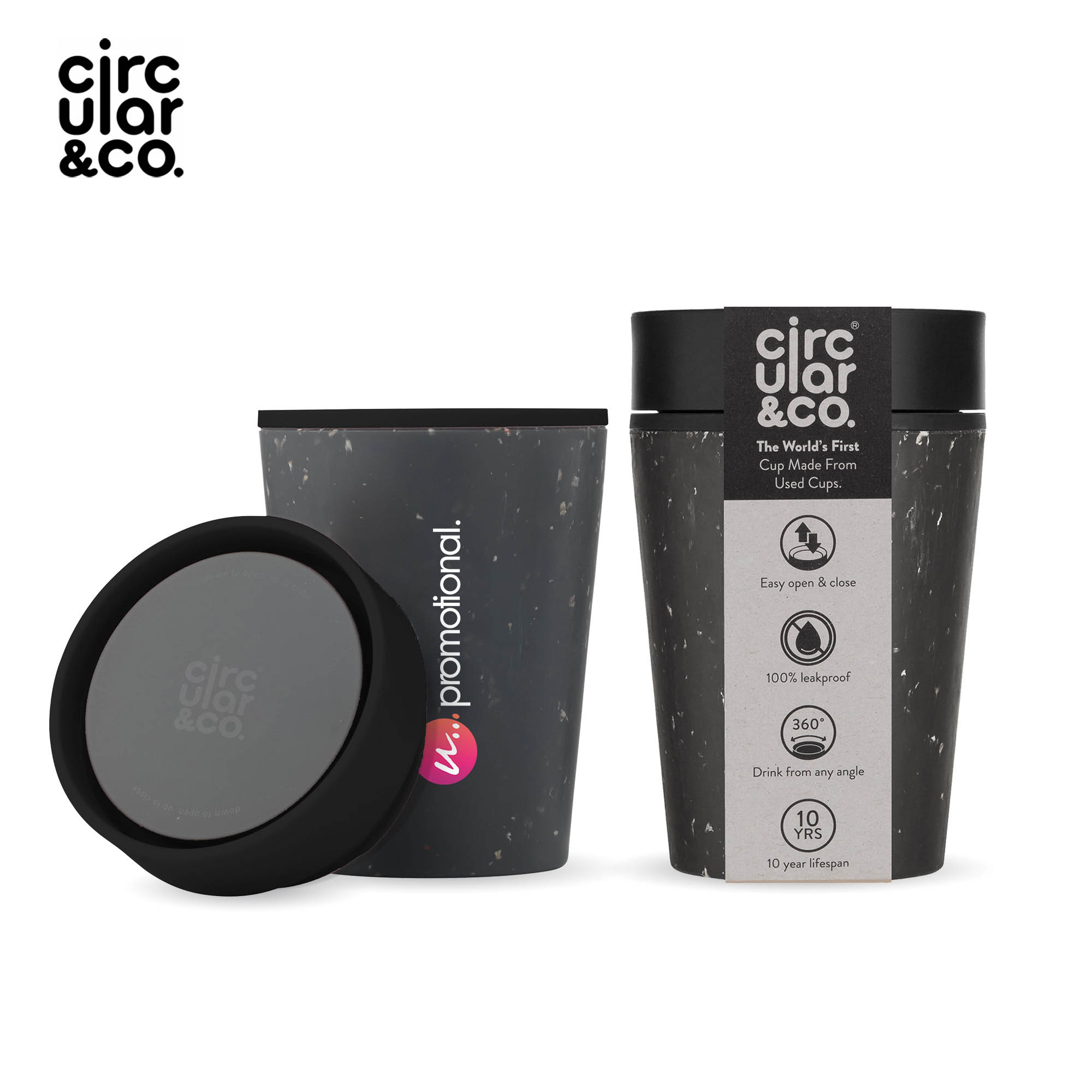 Mug Circular&Co® Noir - 227 ml | Recyclé | Noir avec couvercle coloré