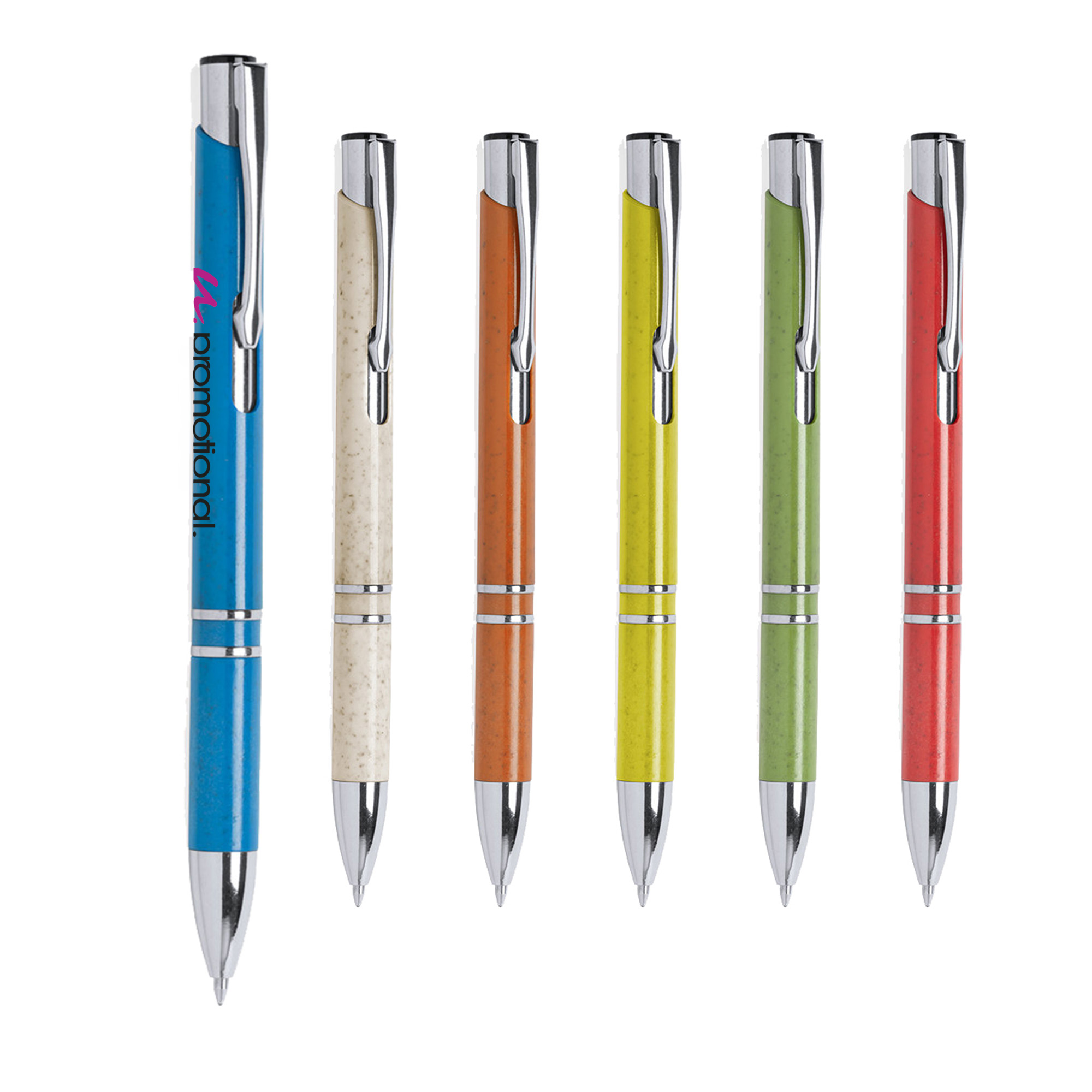 Stylo en paille de blé | Avec détails métalliques | Encre bleue | Impression jusqu'à 4 couleurs