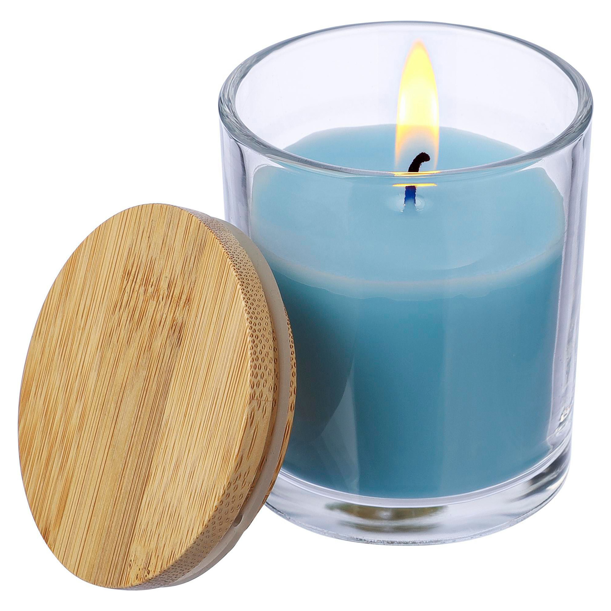 Bougie parfumée – Vanille | 120g de cire colorée | Support en verre | Couvercle en bambou | 20 heures de combustion