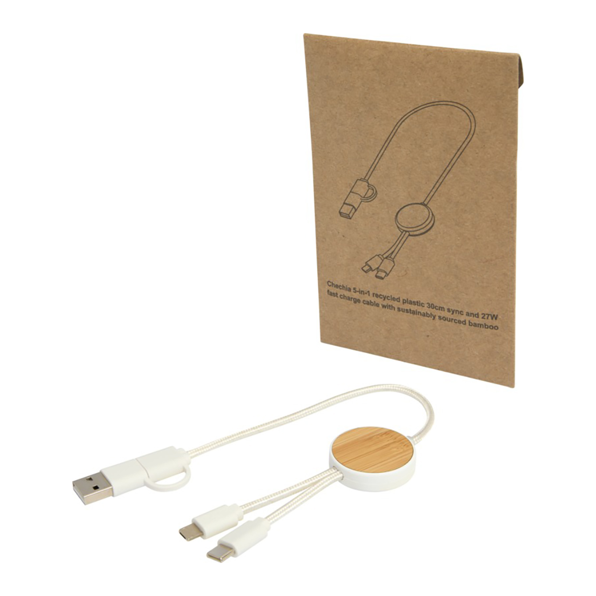 Câble de charge 5-en-1 Toby – 30 cm | Plastique recyclé | Charge rapide 27W | Détails en bambou