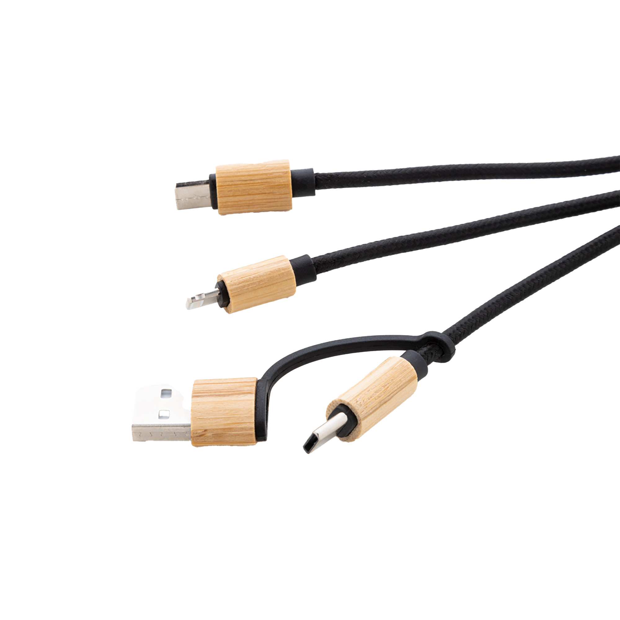 Mini Câble de Charge USB – RPET & Bambou | Connecteurs 3-en-1 | Avec Porte-clés