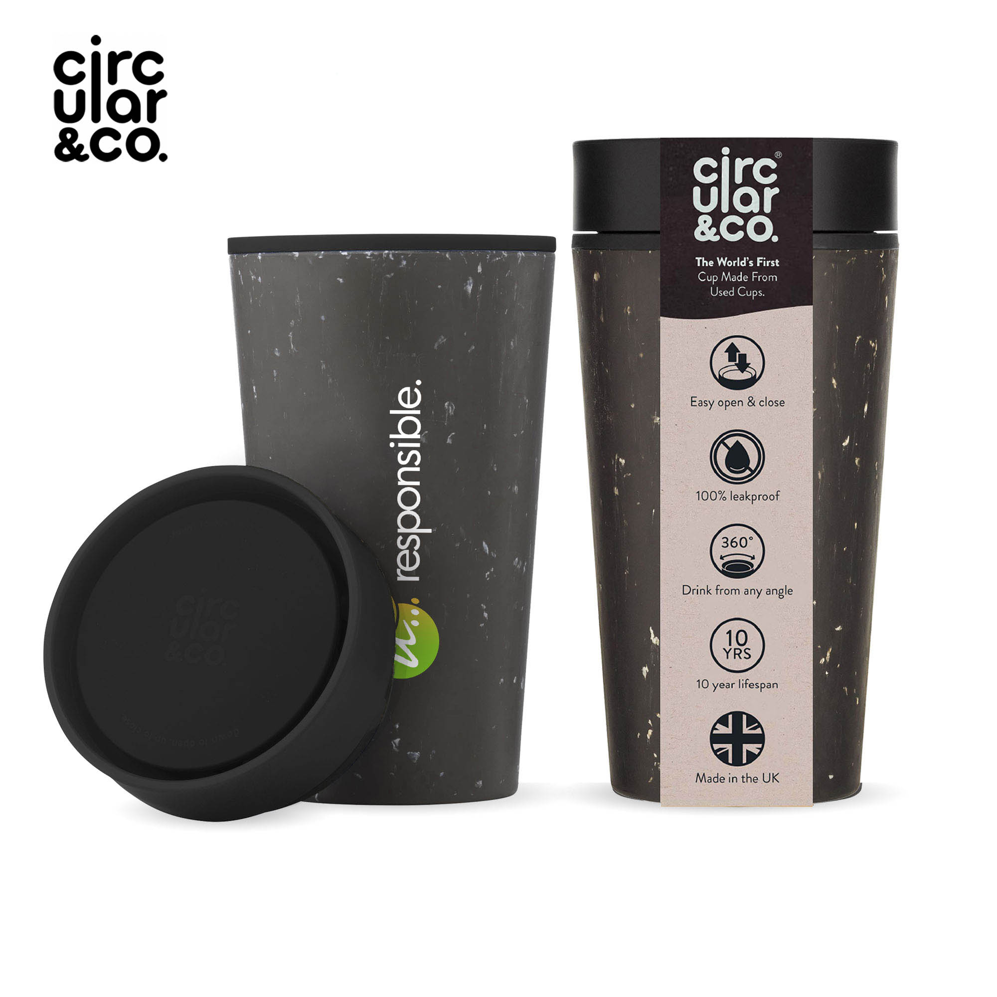 Mug Circular&Co® Noir - 340 ml | Recyclé | Noir avec couvercle coloré